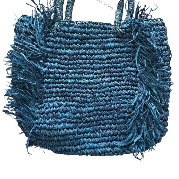 HOME HOLIDAY Straw Handle Tote Bag Blue NWT - Picture 5 of 5